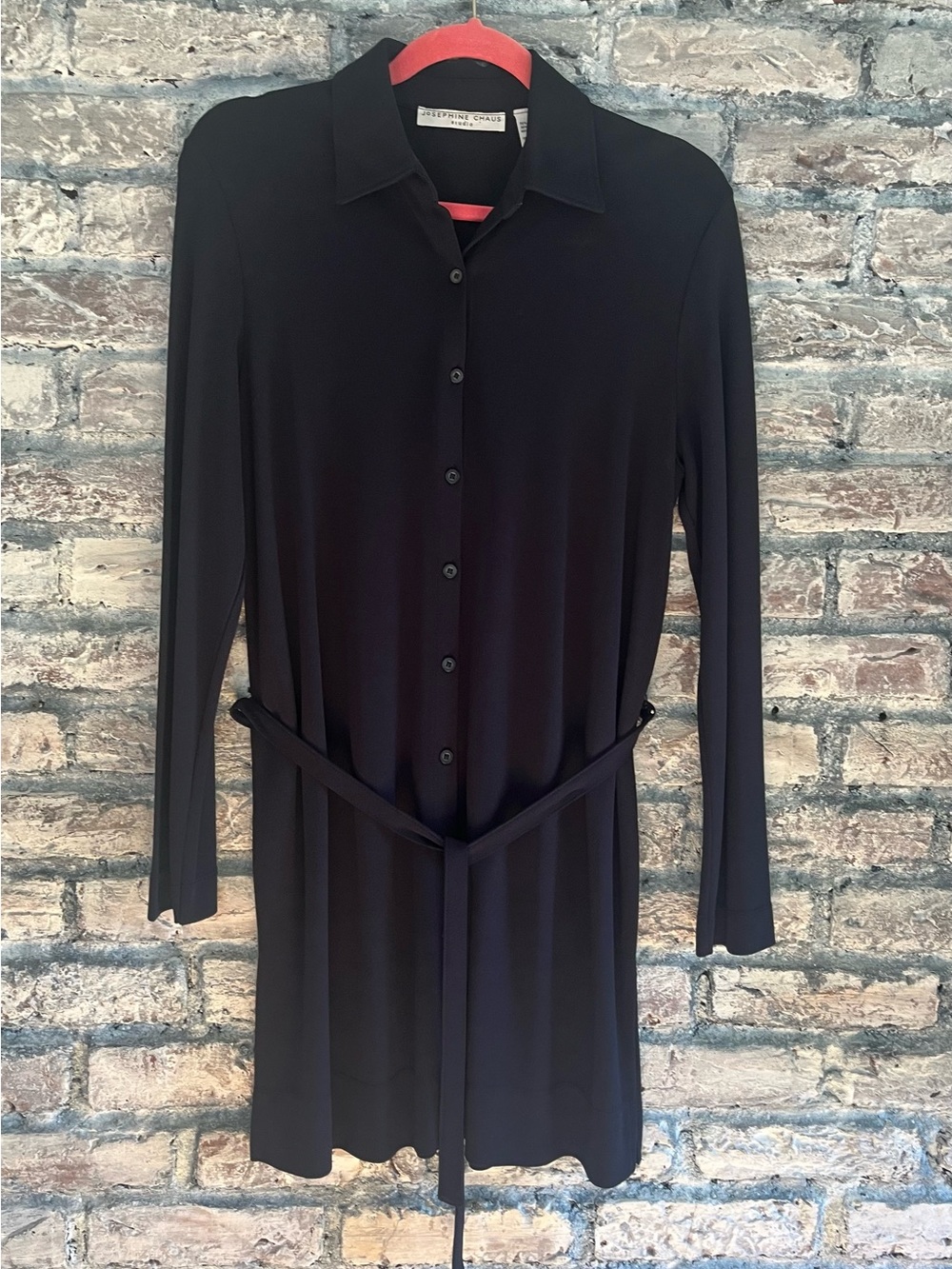 Josephine Chaus Navy Long-Sleeve button Shirt Dress with tie belt and small slit
